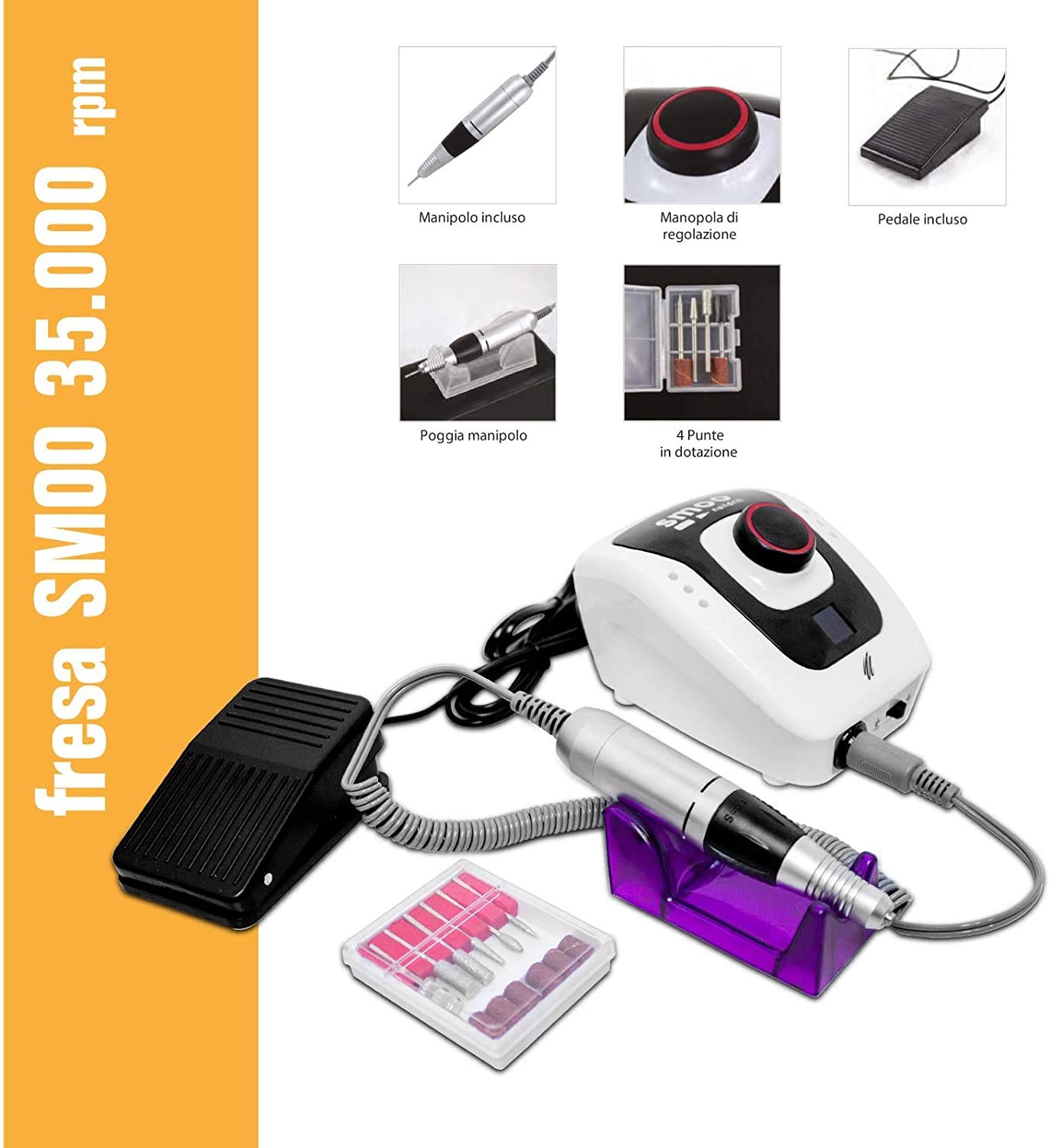 Fresa per Unghie Professionale 35.000 RPM con 4 Punte in Dotazione (FR0173)