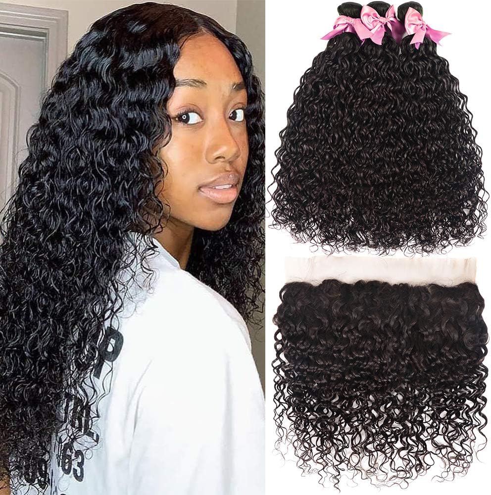 Brazilian Water Wave Human Hair 3 Bundles With Frontal 13X4 Ear To Ear Free Part Lace Frontal Closure 9A 100 Unprocessed Wet And Wavy Brazilian Hair Bundles With Frontal (20 22 24+18,Natural Black)