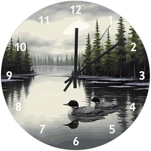 Reloj de pared de PVC de 8.8 pulgadas, silencioso, sin tictac, con números de pájaro, lago, bosque, funciona con pilas, novedad para decoración del