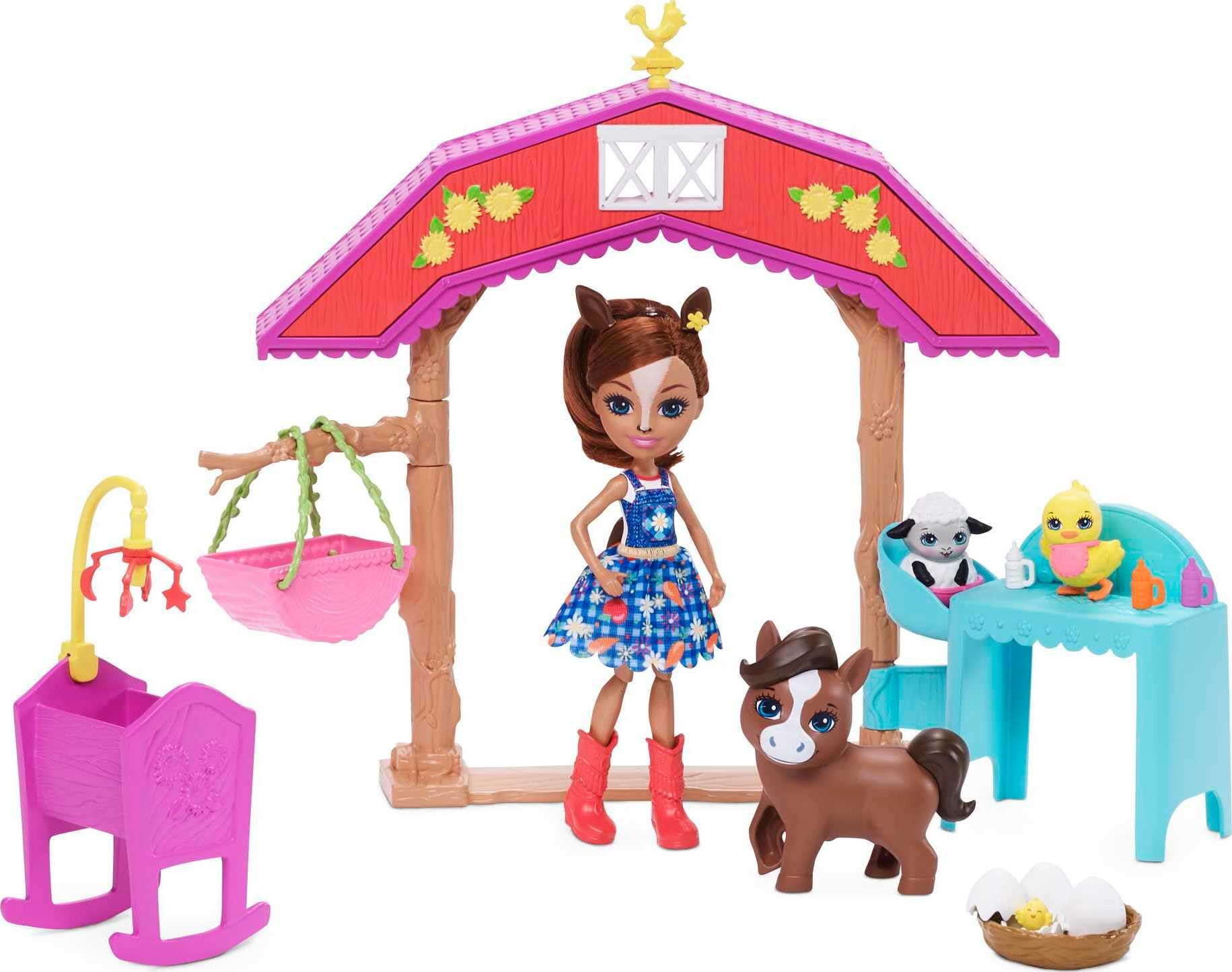 Mattel Enchantimals Barnyard Nursery Playset with Haydie Horse Small Doll (6-inch), Trotter Horse, 3 Additional Animal Figures & 10+ Accessories
