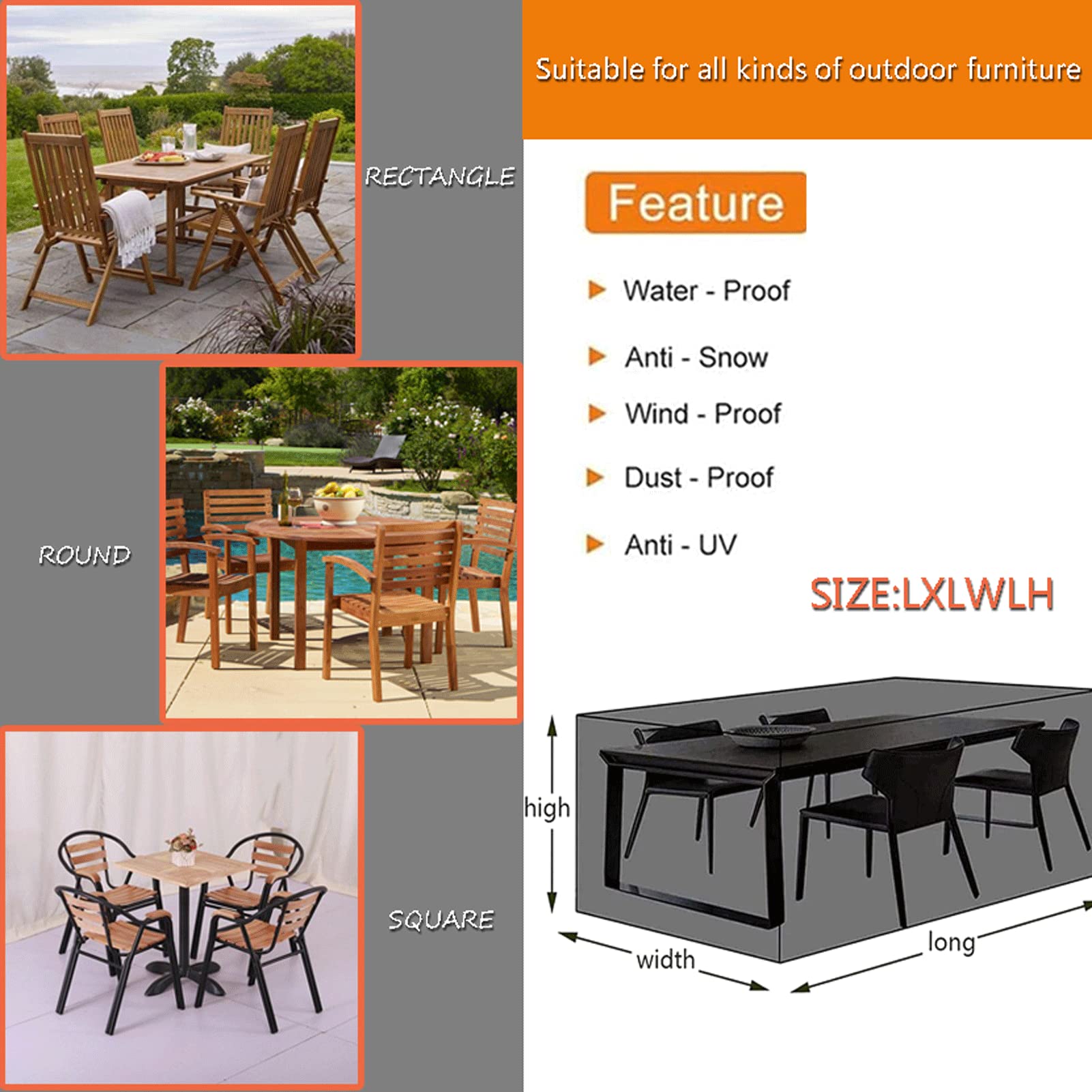 Fundas rectangulares para muebles de jardín, fundas impermeables para muebles de exterior a prueba de viento, fundas de tela Oxford 420D resistentes para mesa de patio al aire libre ( black 200x160x80cm)