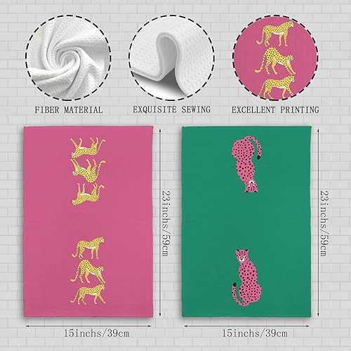 Miniatura 7 de Juego de 2 toallas de cocina de guepardo rosa y verde, paños de cocina con diseño de leopardo, toallas de mano decorativas de leopardo retro de moda