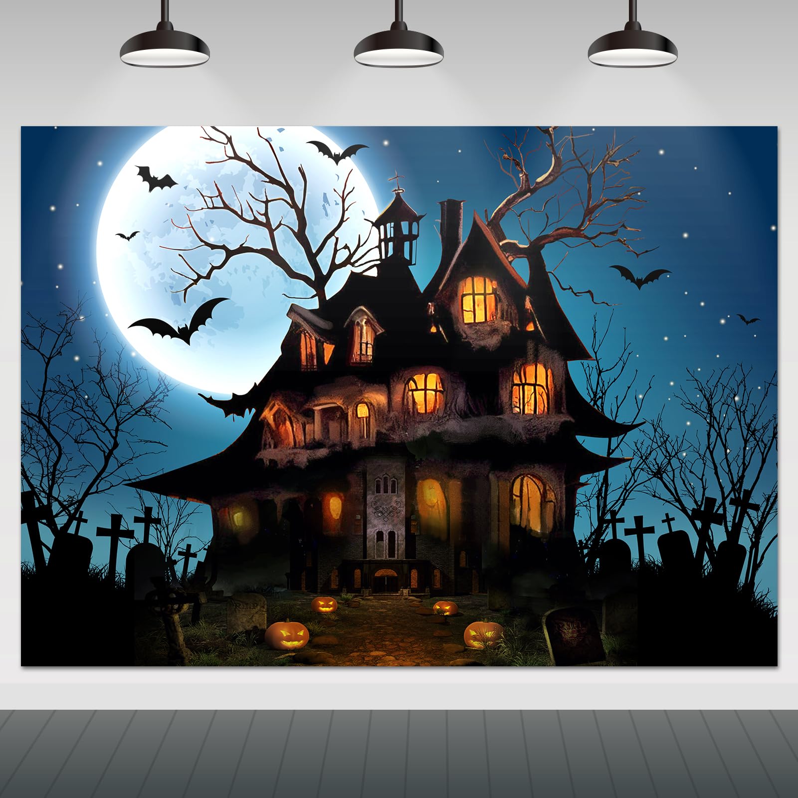 Mocsicka Halloween Backdrop for Photography Blue Night Moon Haunted House Background Spooky Cemetery Hollween Costume Party Decorations Banner Photo