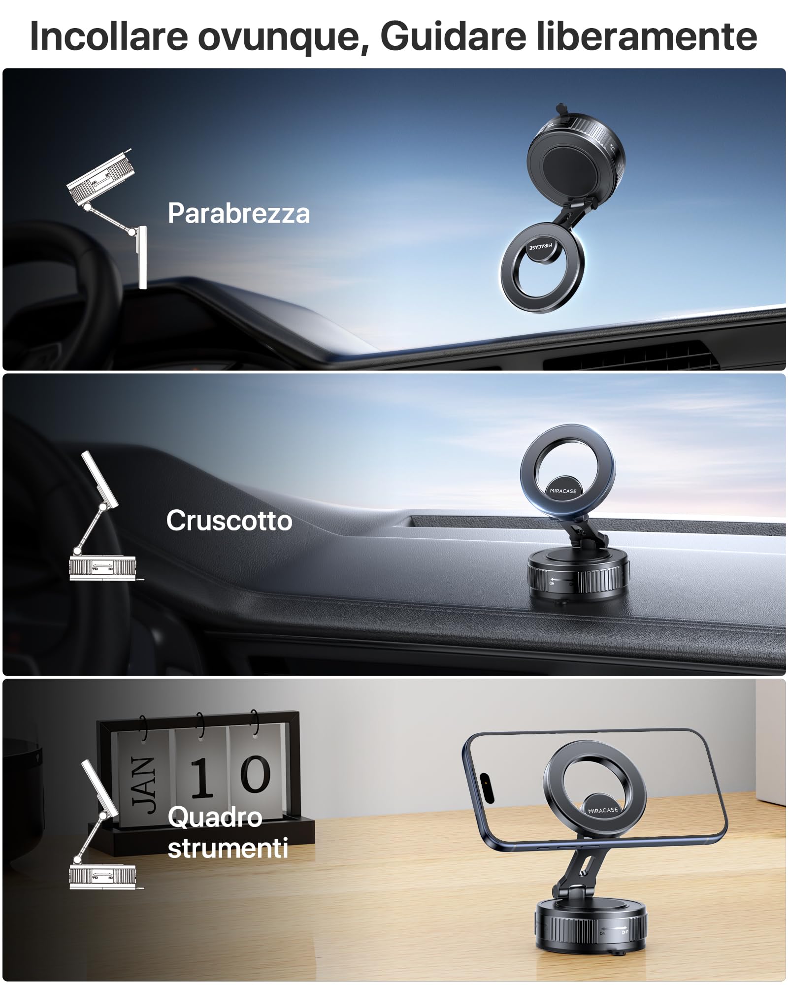 Miracase Porta Cellulare Auto per Magsafe [Ventosa Ultra Potente] 2026 Supporto Telefono Auto Magnete con Rotazione a 360° per iPhone 17 16 15 14 13 12 Pro Max e Altri Smartphone