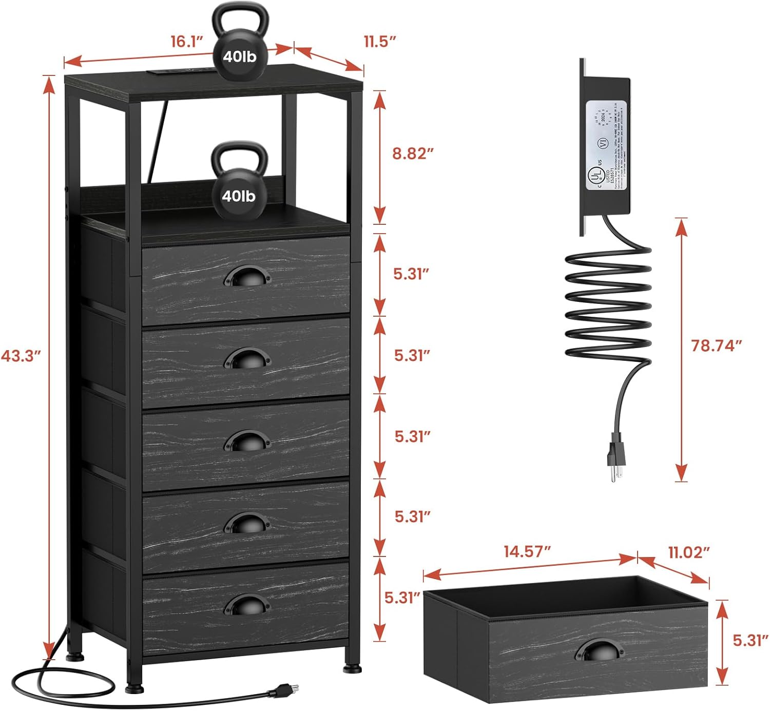 5-Drawer Dresser with Charging Station & Voice Control LED Light, Modern Bedside Table with USB/Type-C Ports, Tamper-Resistant Outlets & Open Shelf, Black Smart Nightstand for Bedroom Storage