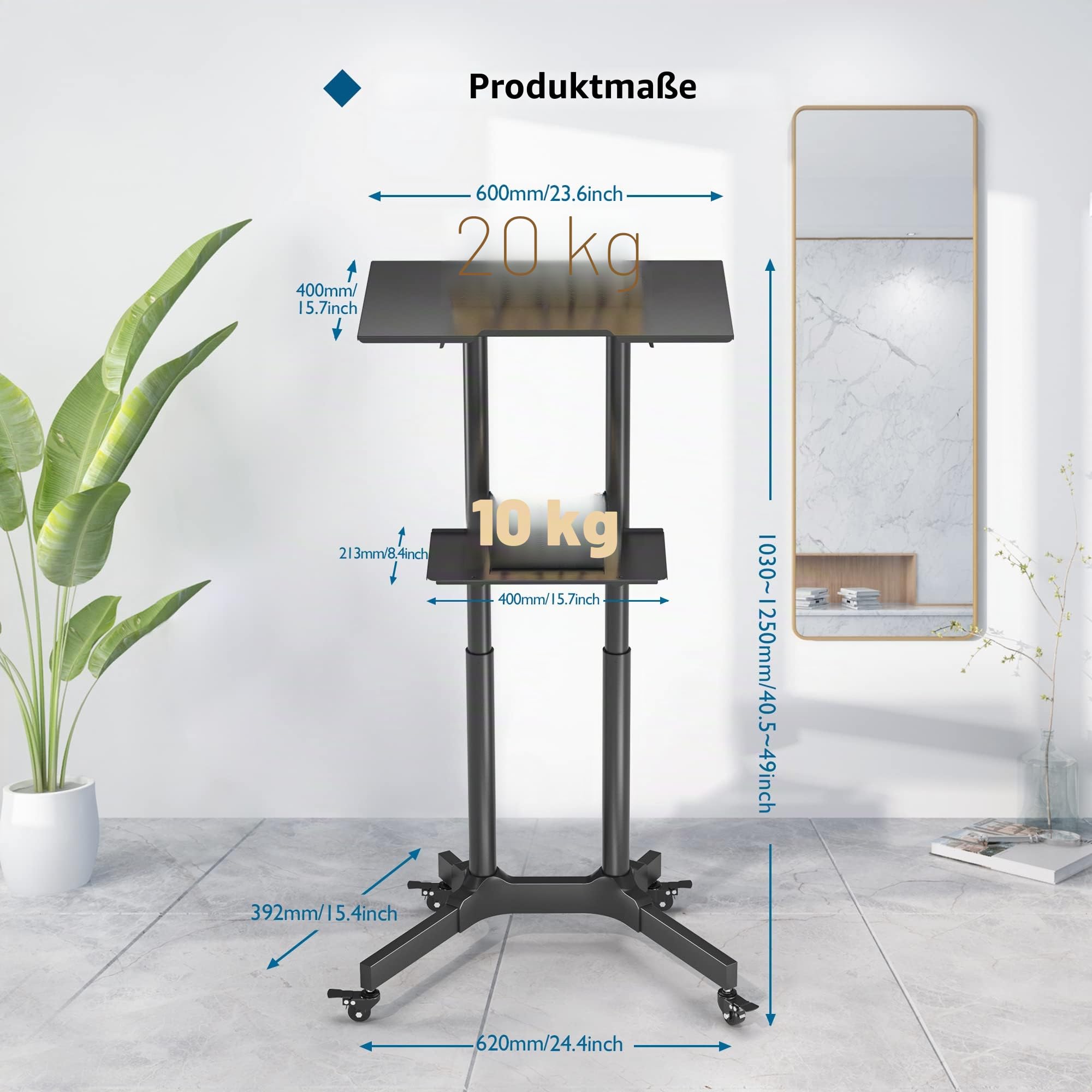 BONTEC Stehpult Höhenverstellbar mit Rollen, Laptoptisch 2 Plattformen Neigbar 30 kg, 125x60cm, Schwarz