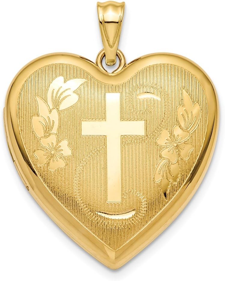 14k Yellow Gold 24mm Diamond-cut Cross Keepsake Memento Ash Holder Heart Locket Pendant