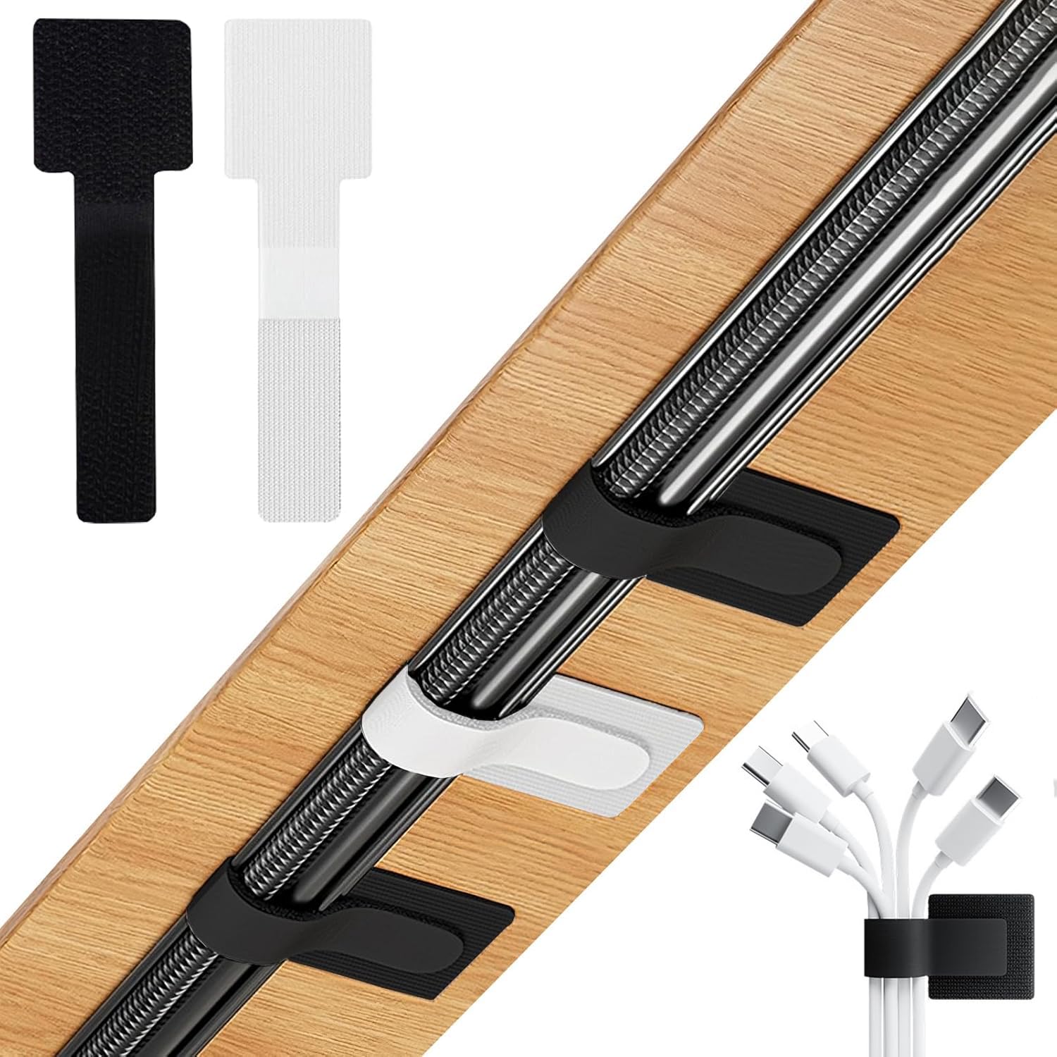 80個 ケーブルクリップ デスク下のフックとループのケーブル管理 【業界初・超強力・のり残らず】コードクリップ ケーブルホルダー ケーブルバンド 配線止め 粘着式 コード用の再利用可能なワイヤーオーガナイザー 調節可能 ナイトテーブル 家庭用 オフィス 事務室用 賃貸OK-ブラック+ホワイト