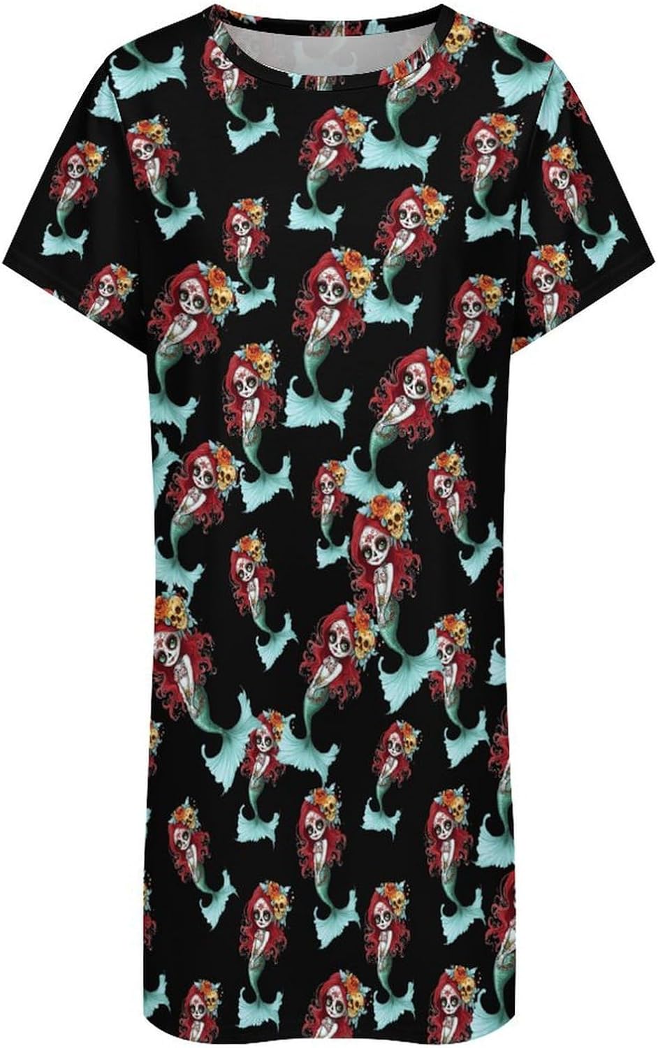 Mermaid with Day of The Dead Nightgowns for Women Short Sleeve Sleep Dress Casual Sleepshirt Night Gowns Pajamas