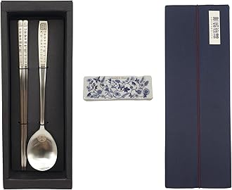 Korean Chopsticks Spoon 1 Set - METAL STAINLESS STEEL -Printed Hangul Characters (Hangul-Silver Rest Rack 1set)