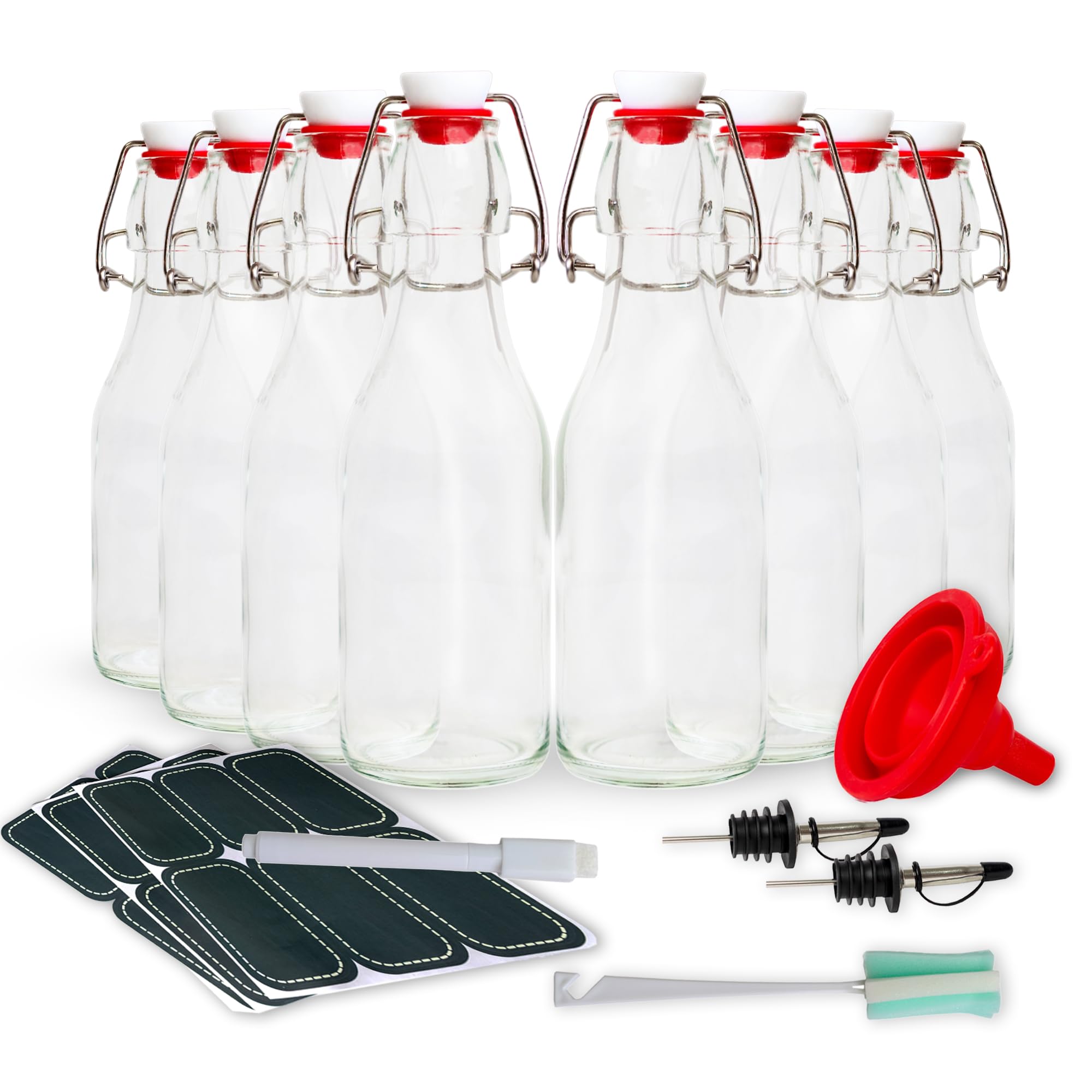 AYL Flip Top Glass Bottles 9oz, Swing Top Beer Brewing Bottle for 2nd Fermentation, Kombucha, Kefir, Vanilla Extract, Water, Juice, Tea, Syrup- Airtight Stopper Cap Lid, Bonus 1 Bottle Pourer