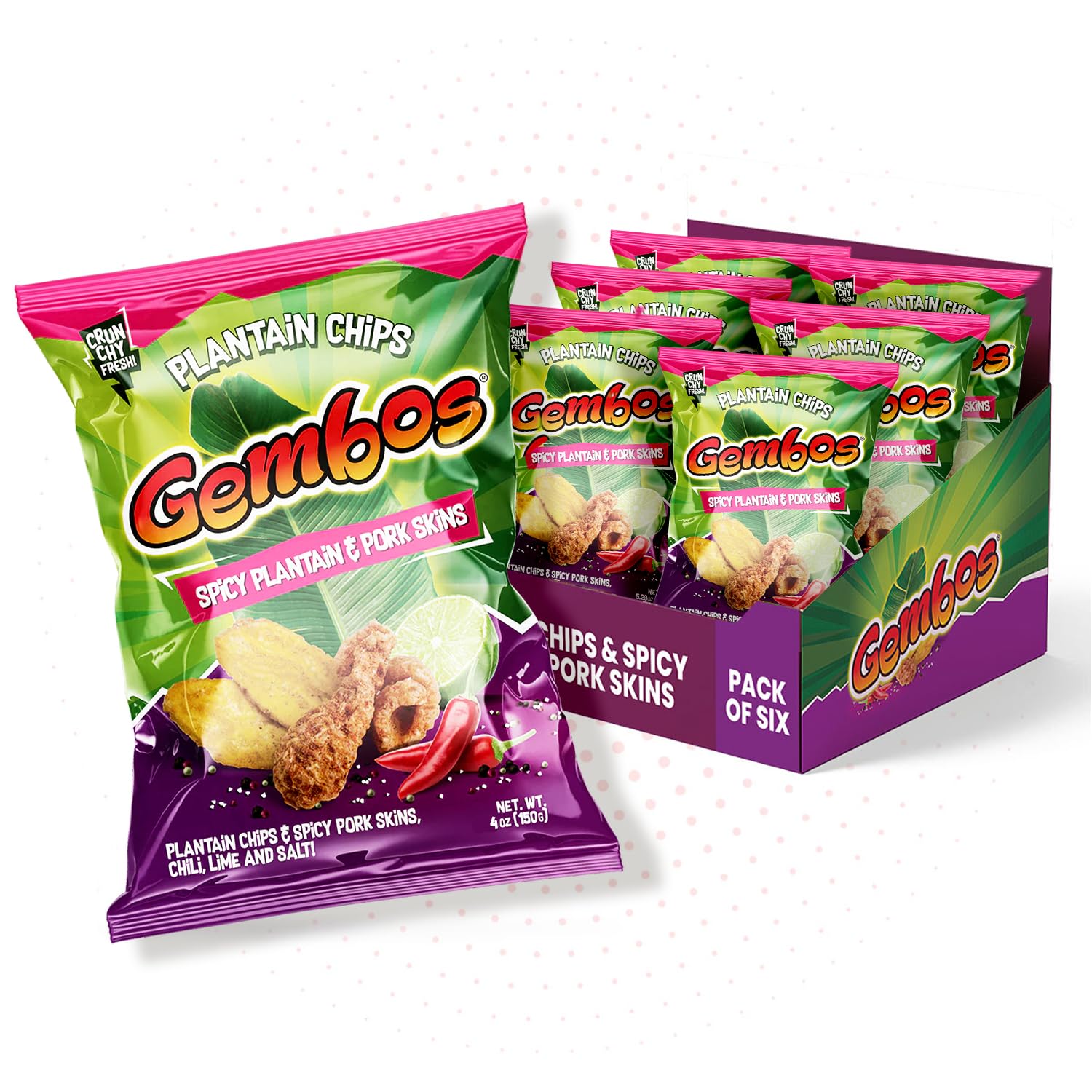 Gembos Spicy Plantain & Pork skins Snack Pack, Chili Lime and Salt Chips, Crunchy Chicharrones and Plantain Mix, Bold Flavor Snack 4 oz Bags, 6-Pack