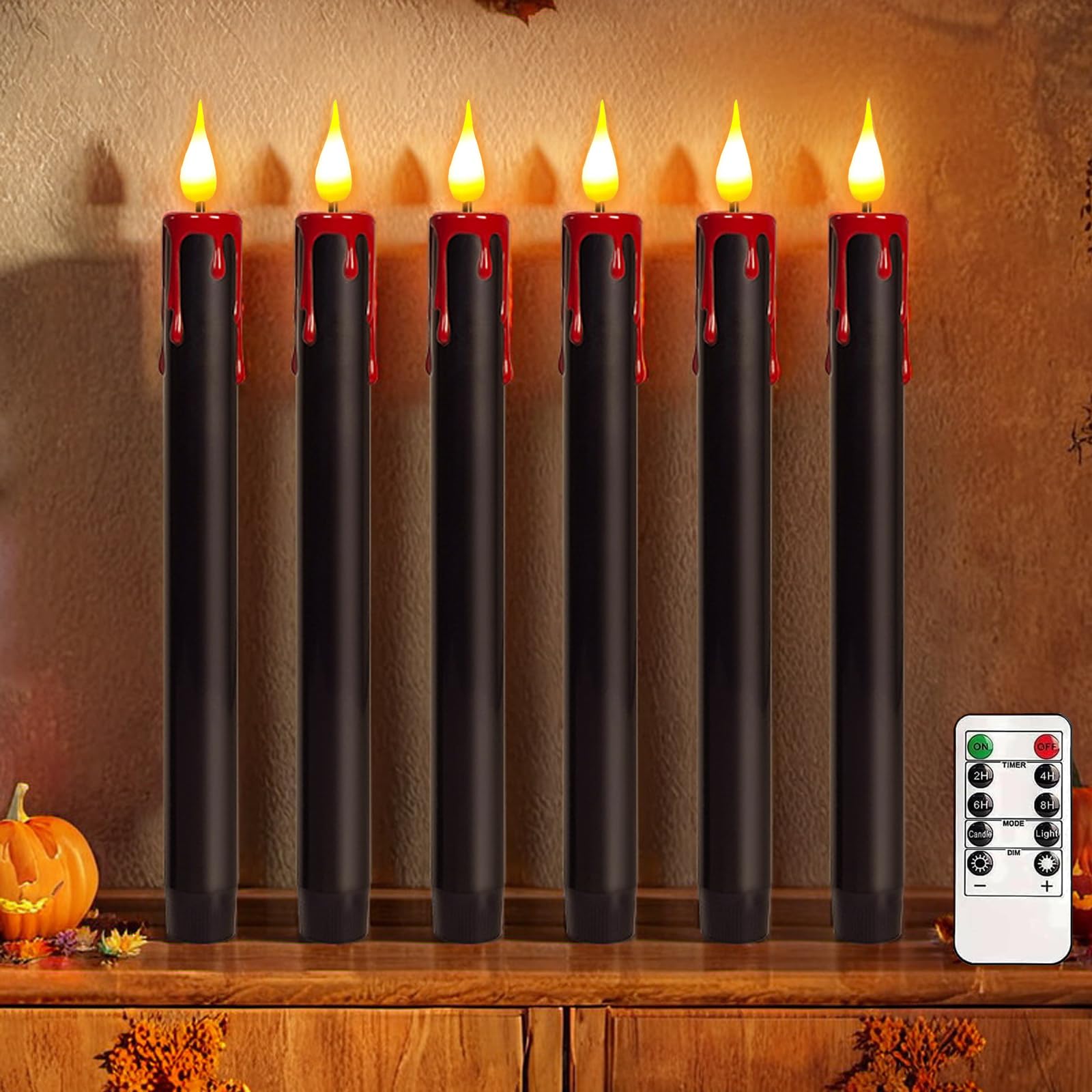 Syzplnwy 6-Pack Black Flameless Candles - 9.8'' Flickering LED Taper Candles with Remote Control & Timer, Dimmable Battery-Operated Halloween Candles for Party Decor, Haunted House, Spooky Events