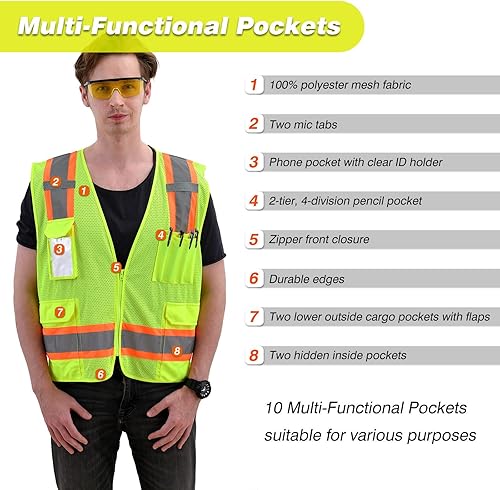 Miniatura 5 de Chaleco de seguridad de alta visibilidad para hombres y mujeres, chalecos reflectantes con bolsillos y cremallera para trabajo al aire libre