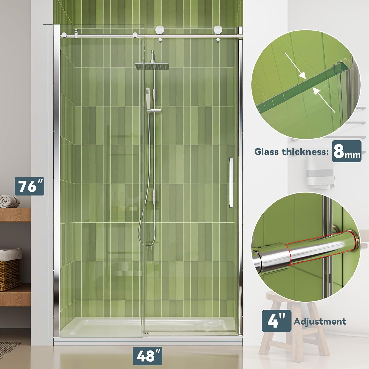 Hasipu Frameless Shower Doors, 44-48" W x 76" H Sliding Glass Shower Door, 5/16" (8mm) Thick Tempered Clear Glass with Explosion-Proof Film Nano Coating, Stainless Steel Hardware, Bright Silver