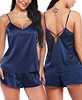RSLOVE Women V Neck Sexy Lingerie Satin Sleepwear Pajamas Cami Shorts Set Nightwear