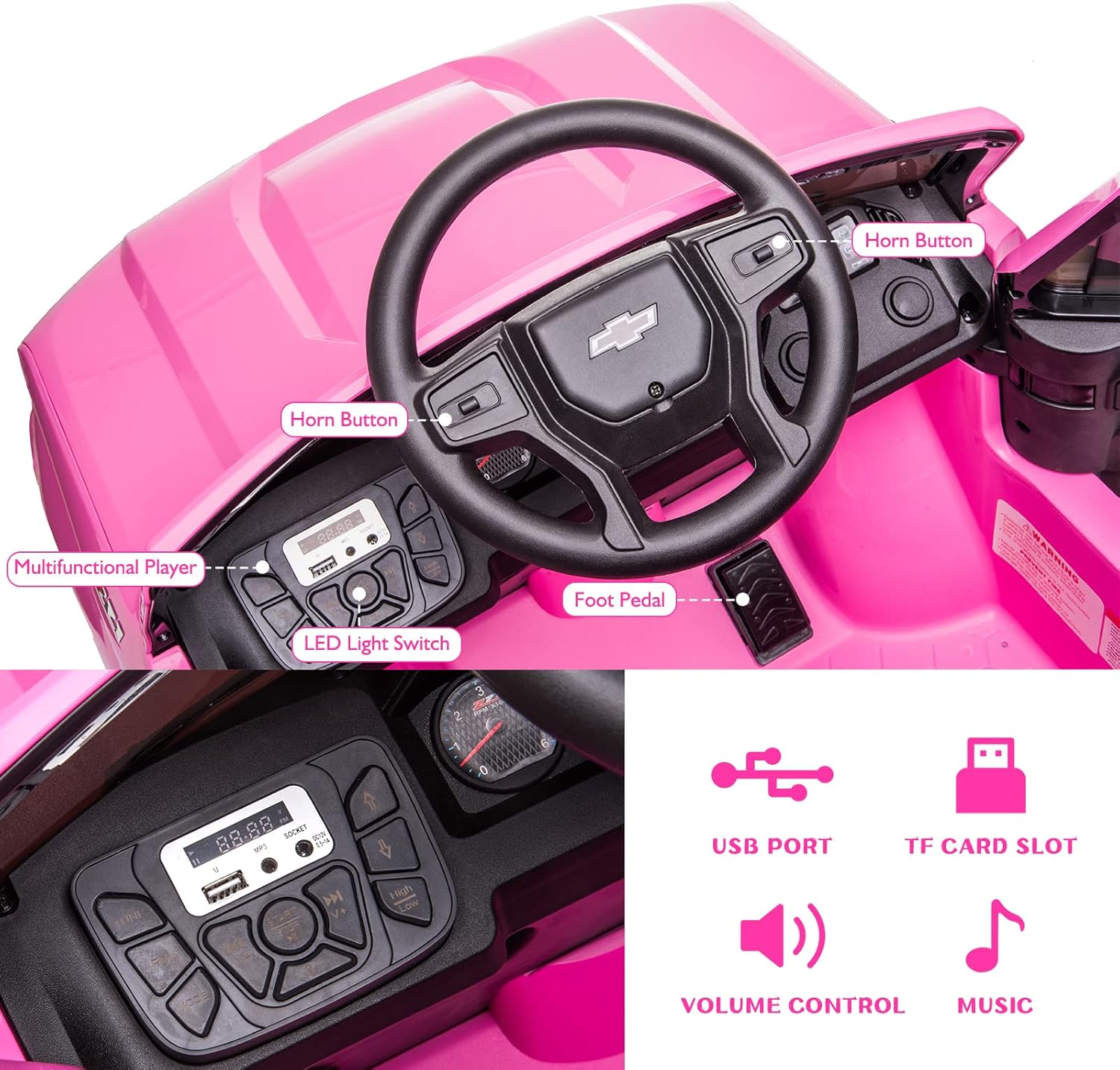 12V Electric Car for Kids,Licensed Chevy Silverado Truck Kids Ride On Car with Remote Control Battery Powered Electric Vehicle Toy Car, 4-Wheeler Suspension, Music& Lights, 3 Speeds(Pink)