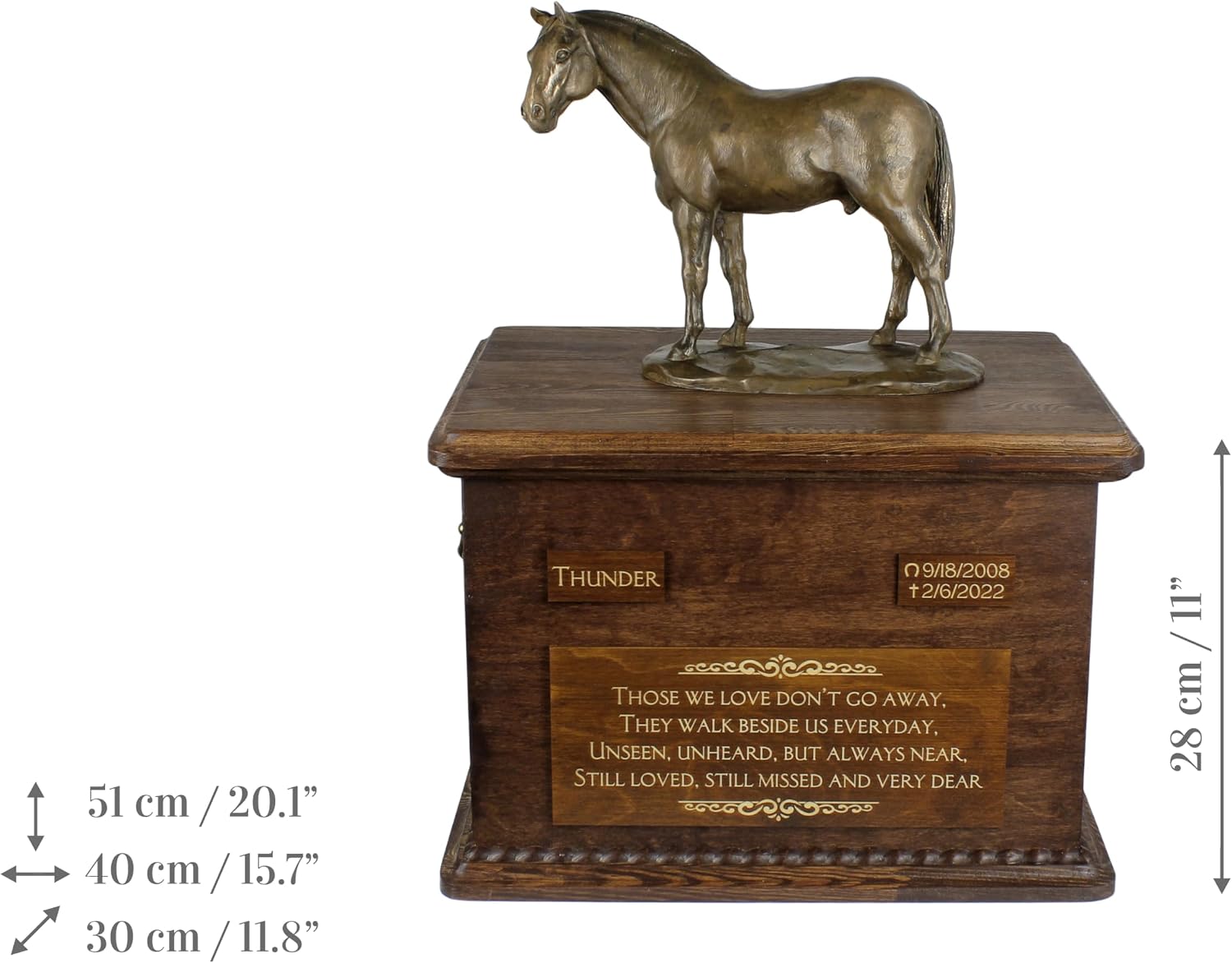 Art-Dog Big Urn for Horse Ashes - Handmade Memorial with Photo - Personalized Custom Horse Urn with Brass Handles and Ceramic Plaque - 15.7x11.8x11” – Hanoverian Horse