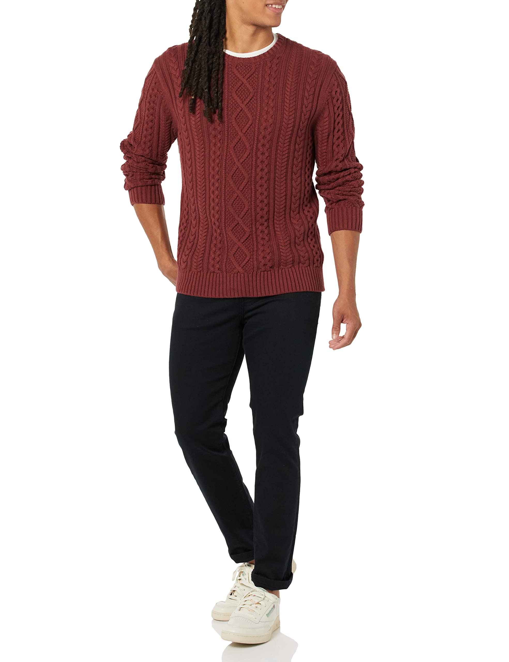 Amazon Essentials Maglione da Pescatore Girocollo a Coste a Manica Lunga in Cotone 100% Uomo