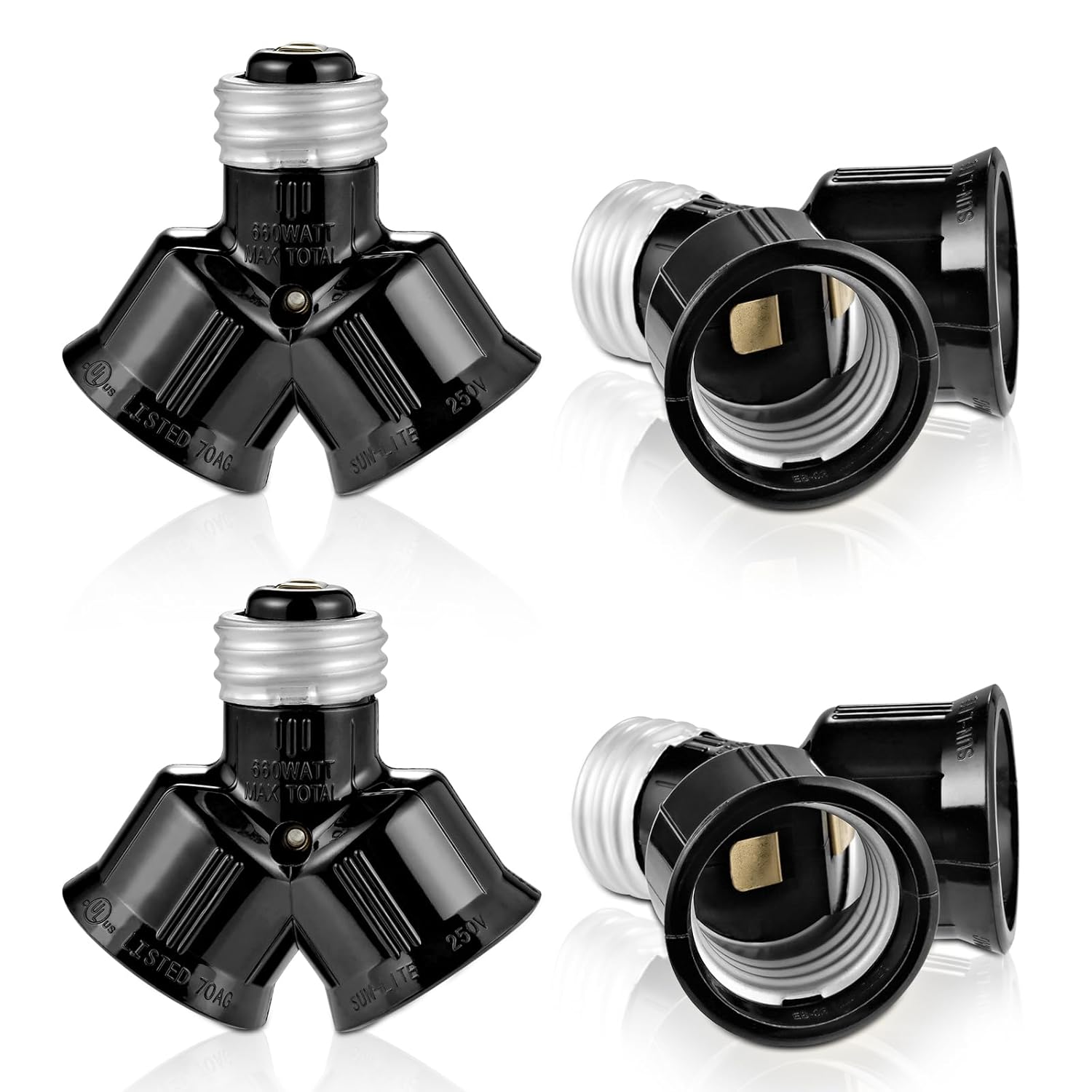 Double Light Socket Adapter, Dual Light Bulb Splitter, Twin Bulb Holder Converter, Add Extra Lamp in Garage Increase Camera in A Socket. UL Listed (Black, 2)