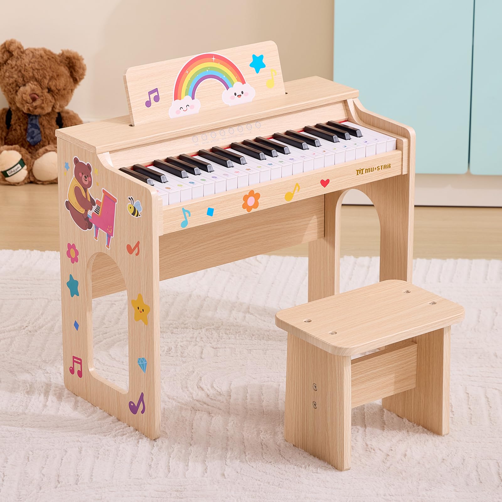 MUSTAR Piano pour Enfants, Piano numérique à 37 Touches pour Enfants, avec Banc de Piano, recueil de chansons, Autocollants et Housse de Protection, Filles et garçons, Chêne
