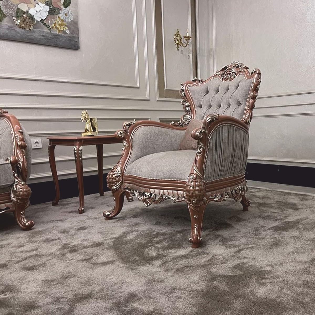 Casa Padrino Luksusowy barokowy fotel do salonu szary/brązowy/srebrny – meble barokowe