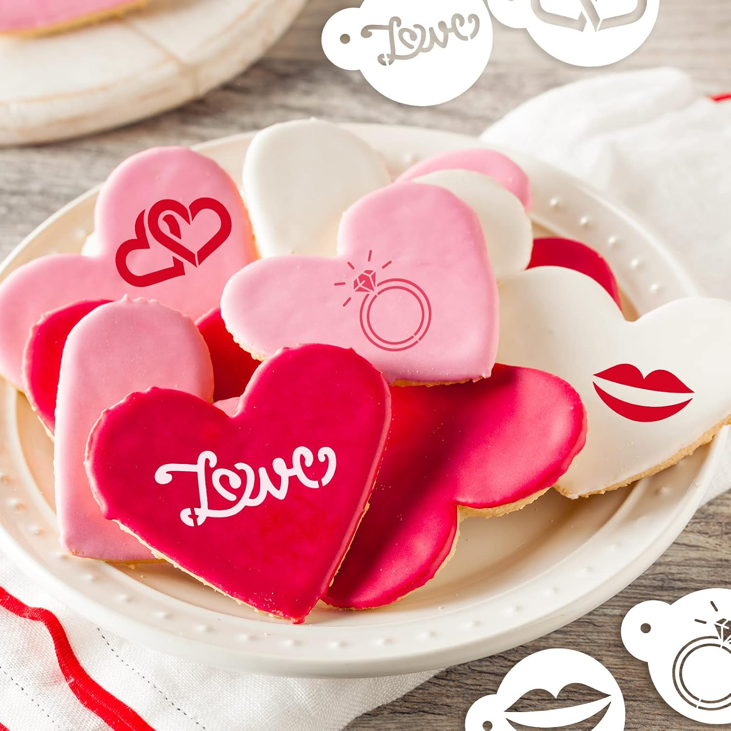 Outus 30 Pcs Valentines Cake Stencils Reusable Valentine Cookie Stencils Templates Decoration Coffee Dessert Baking Painting Mold Tools DIY Heart Cardmaking for Valentine's Day Party Supplies
