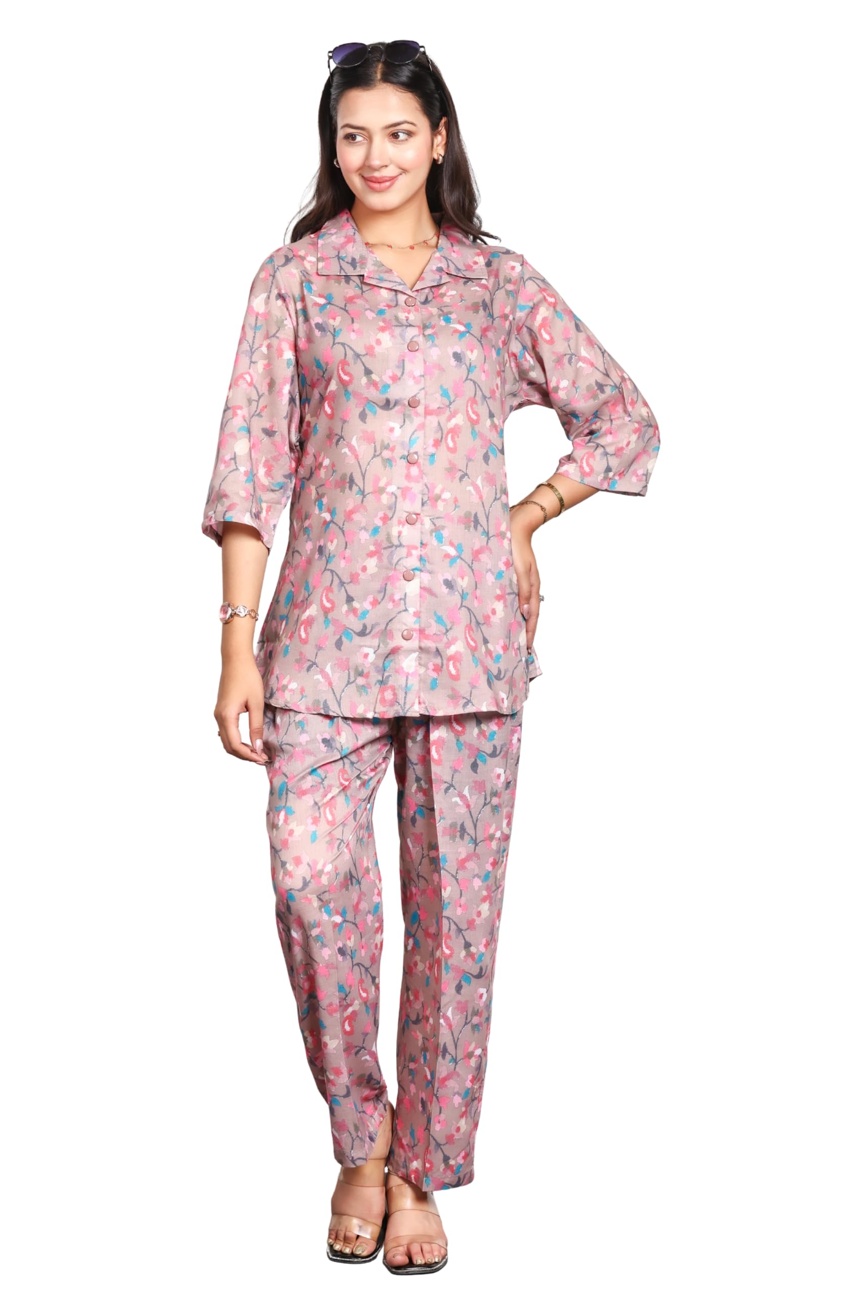 kti Women Cotton Printed Co-Ord Set Casual Shirt Pant Set Summer Outfit Lightweight Breathable Camel-picture-41