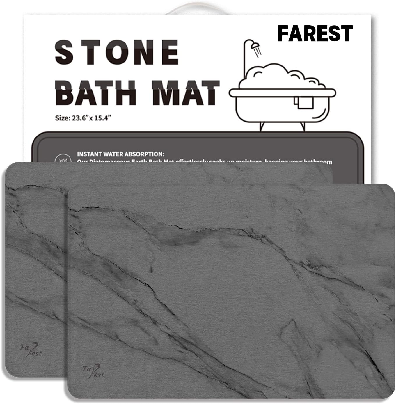 2 Pack Stone Bath Mat,Diatomaceous Earth Shower Mat,Fast-Drying Stone Bathroom Floor Mat,Absorbent Non-Slip Diatomite Mats for Bathtub,Grey Marble