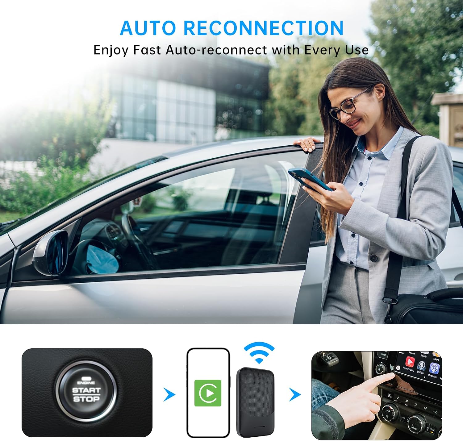 An image displaying various car brand logos (e.g., Honda, Toyota, Ford, Jeep) and two USB cables, alongside text detailing compatibility requirements for cars and iPhones.