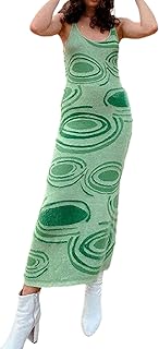 NUFIWI Print Knit Bodycon Dress for Women Y2K Green Hollow Out Midi Dresses Sleeveless 2021 Summer Beach Dress