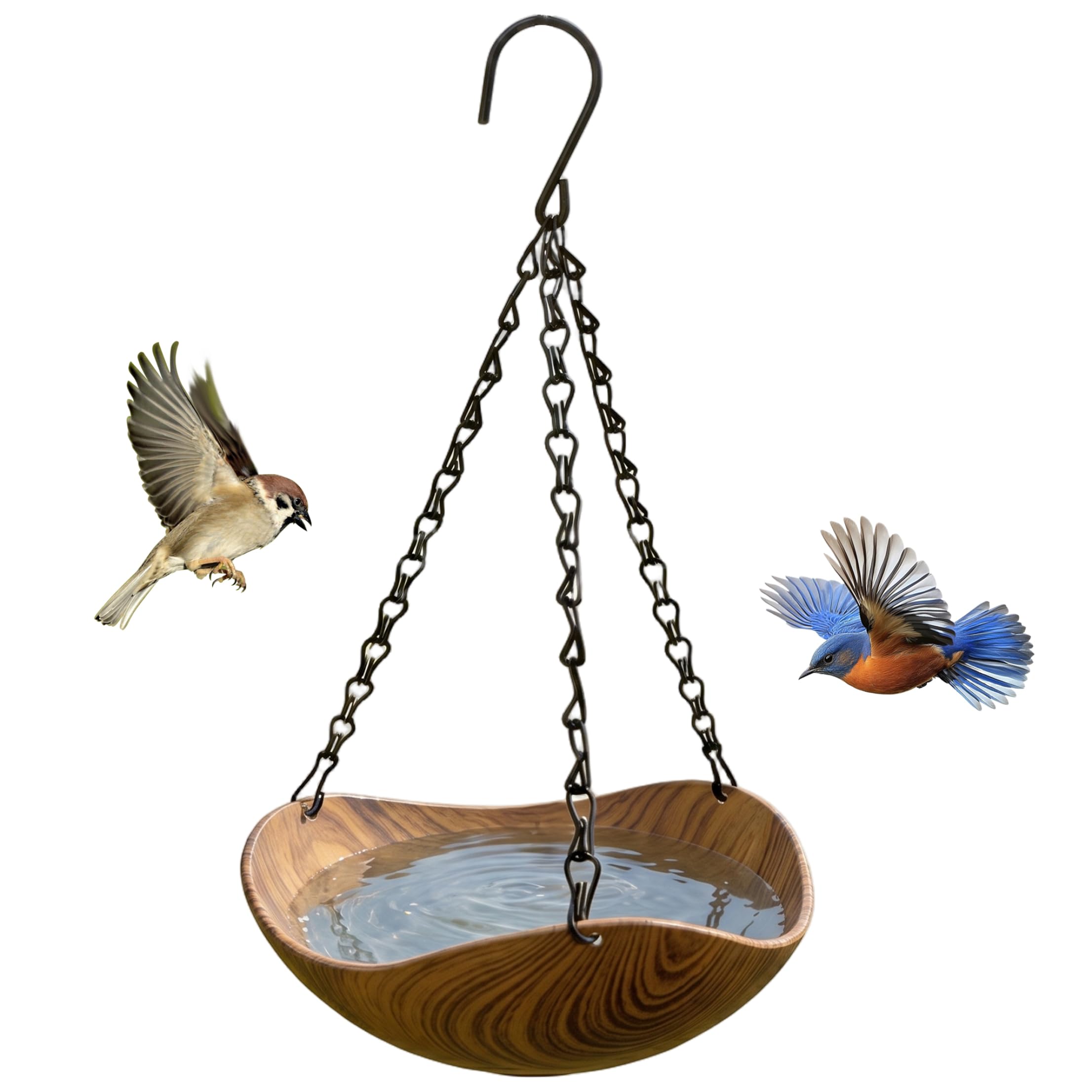 Bain d'oiseaux suspendu en grain de bois avec chaîne pour jardin
