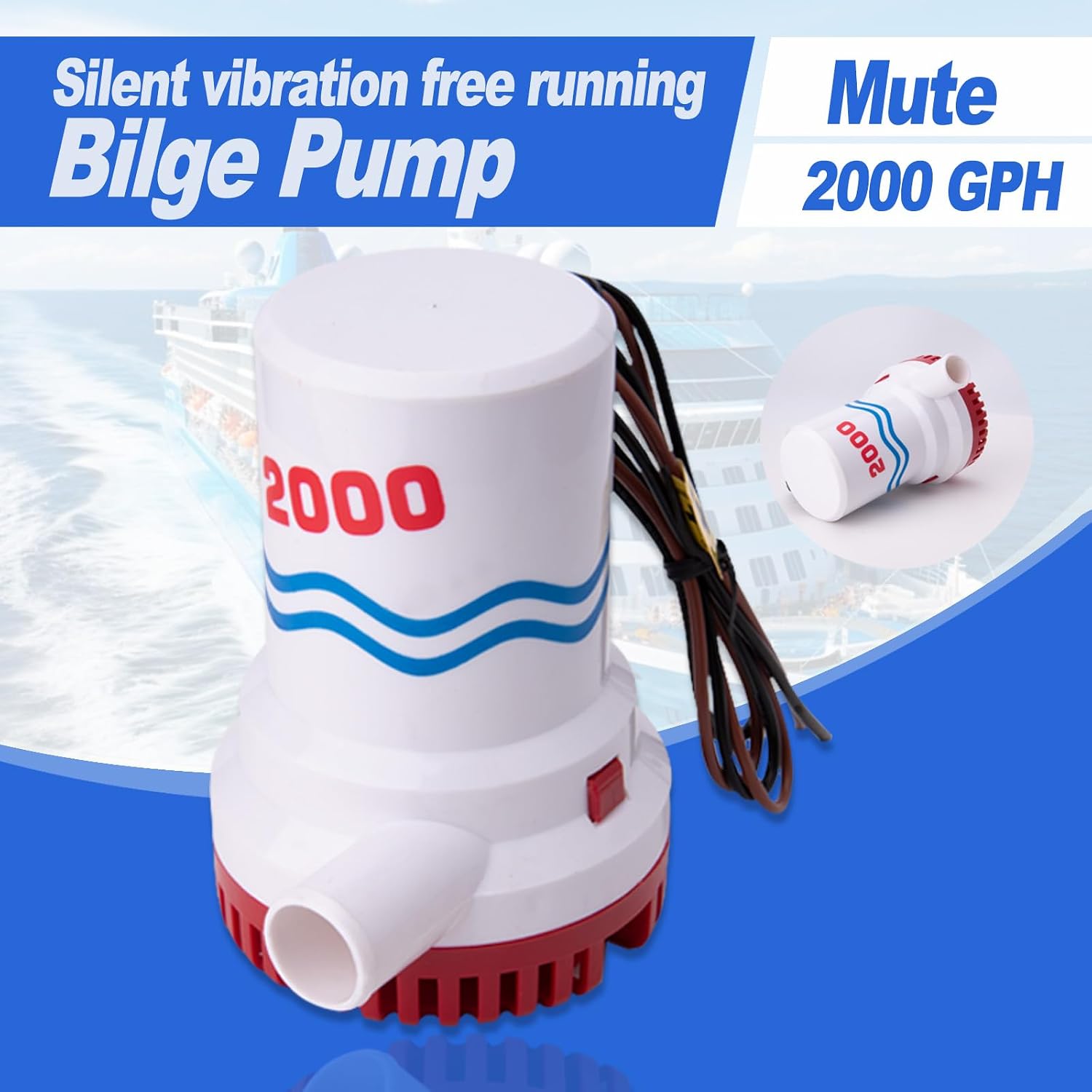 12V 2000GPH Electric Bilge Pump Marine Boat Submersible Water Pump Non-Automatic