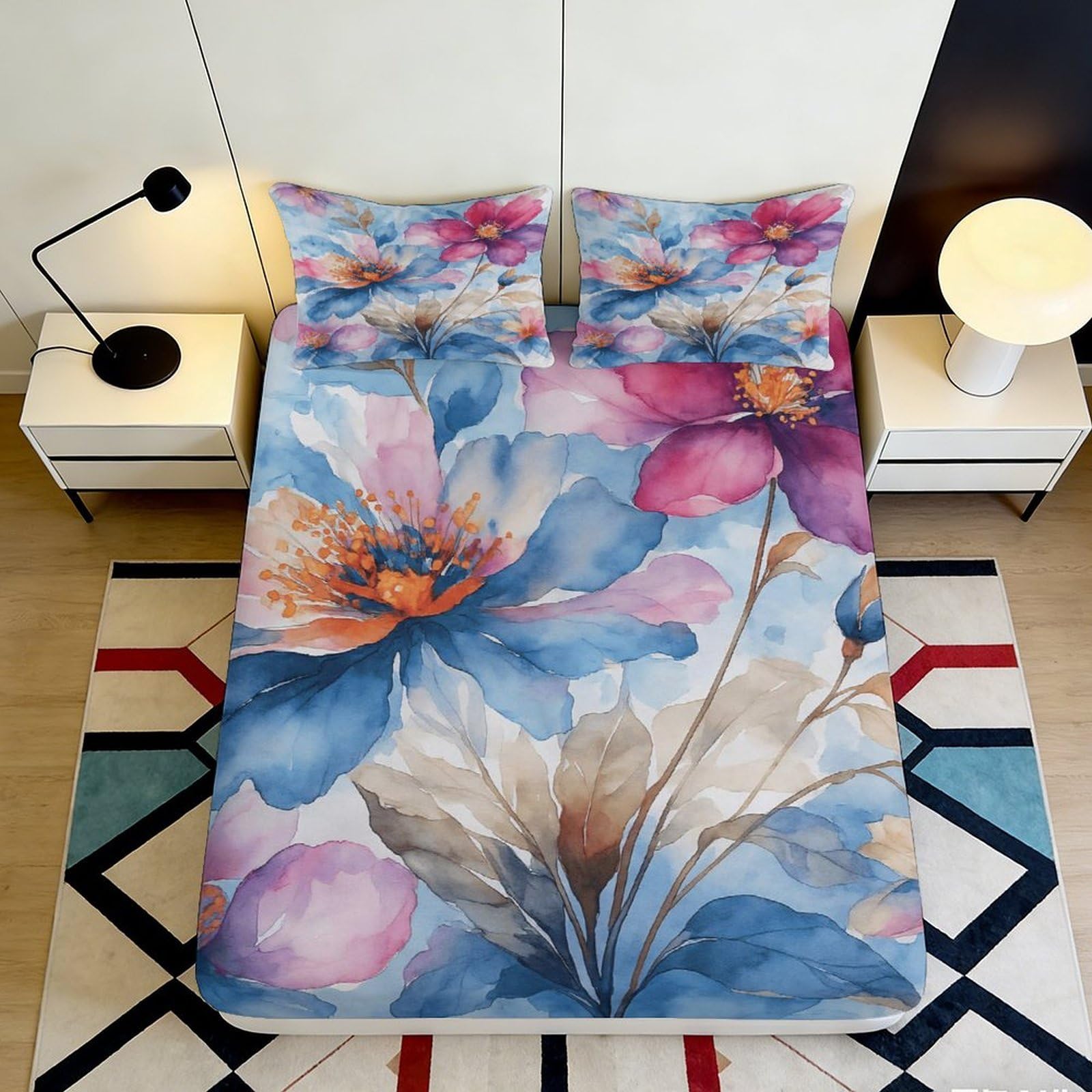 Pnayamiorkfel Style-2 3D Printed Watercolor Floral Fitted Sheet Microfiber Soft Vibrant Blossom Bed Cover For Bedroom Guest Room Decor 90X200x25cm