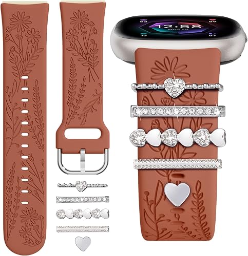 Floral Engraved Bands Compatible with Fitbit Versa 4/Versa 3/Sense 2/Sense Band with Charms, Soft Silicone Sport Fancy Replacement Wristbands Strap with Cute Decorative Rings Accessories for Women