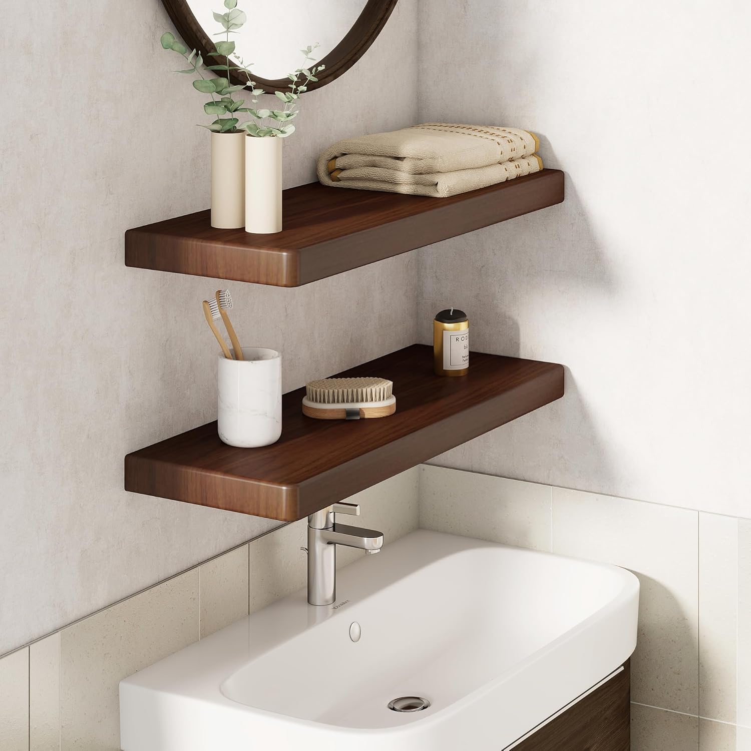 24" Rustic Walnut Wood Floating Shelves, 8 Inch Deep Wall Shelves for Home Decor, Wall Mounted Floating Shelf with Invisible Bracket, Heavy-Duty Storagefor Living Room, Bedroom, Kitchen, Set of 2 Usa-sourced Walnut Wood 24"W x 8"D