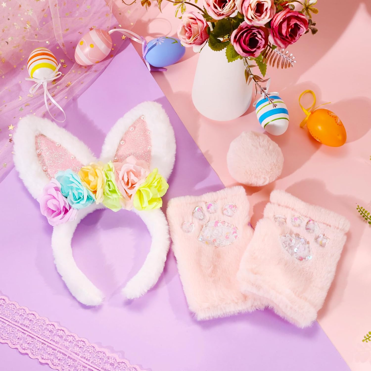 PinkSheep Easter Bunny Ears and Tail for kids,Bunny Headbands with Pink Bunny Gloves/Easter Bakset and Bunny for Girls