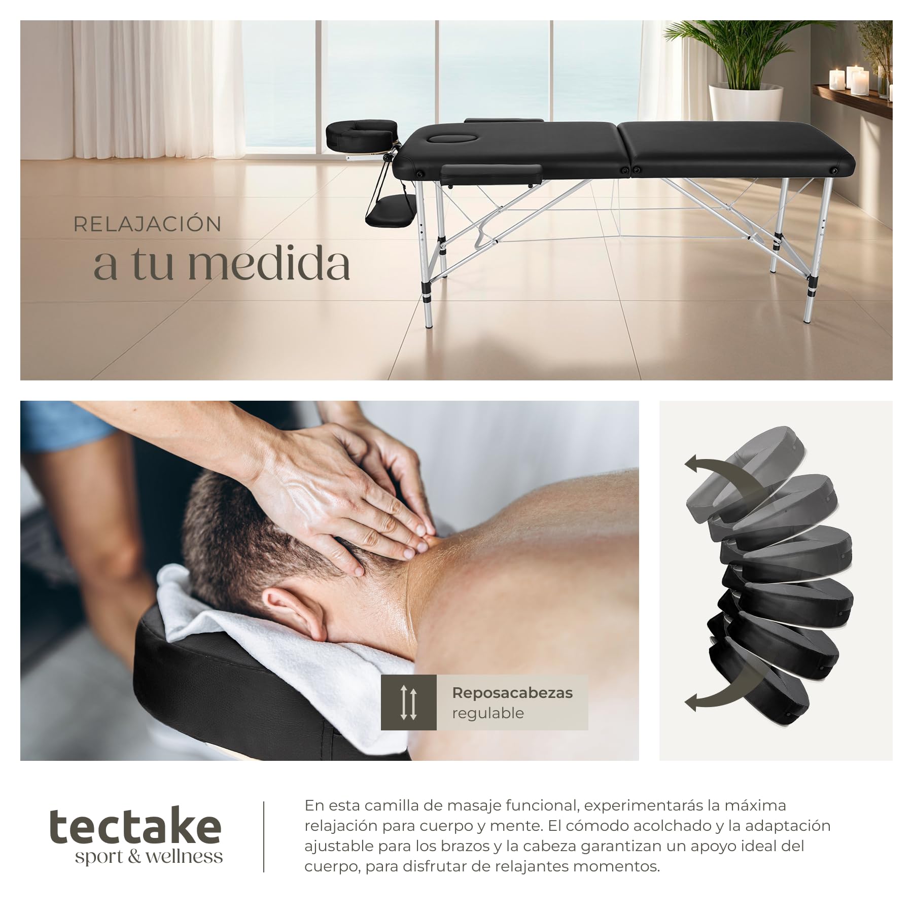 tectake® Camilla Masaje Plegable, Camilla Profesional Fisioterapia, Quiromasaje, Tatuajes, Reiki, Camilla Estética Profesional de Aluminio, Ajustable en Altura, 2 Zonas, con Bolsa Transporte - Negro