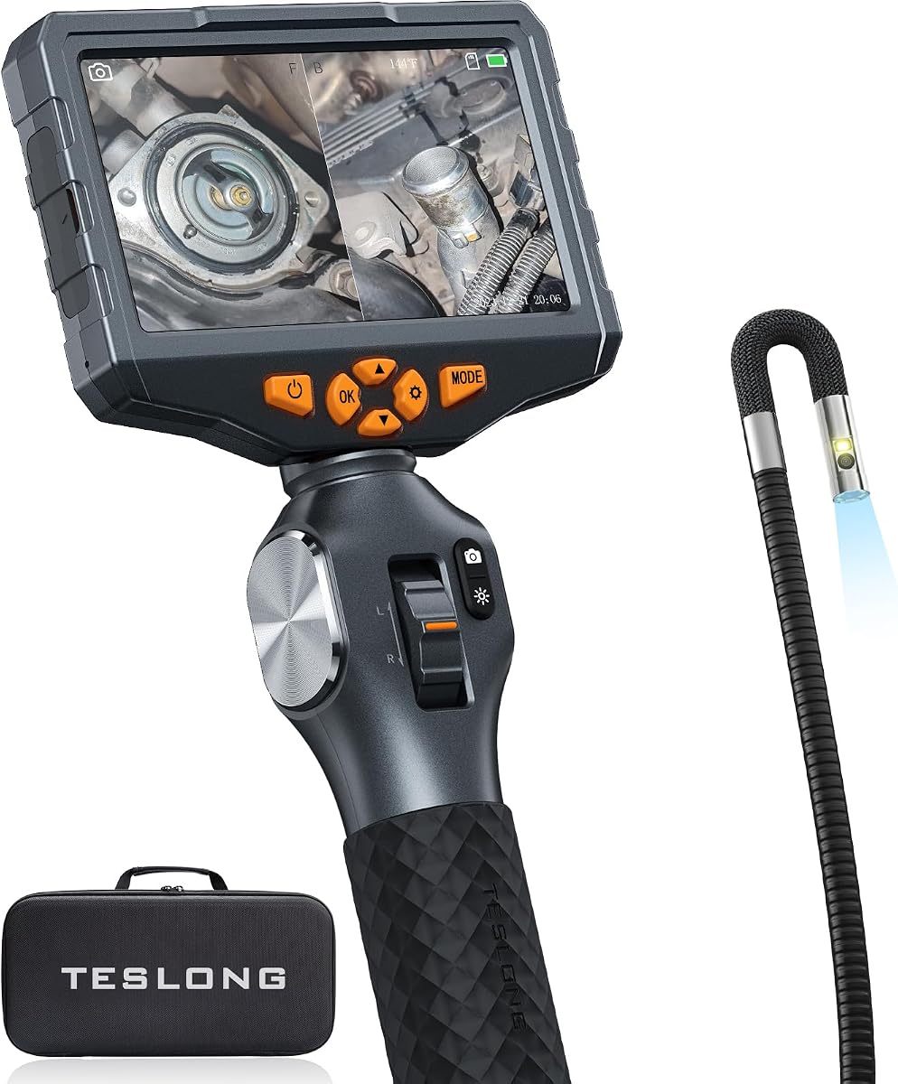 Teslong TD500 6.5mm Articulating Borescope with Dual Lens Endoscope | Mechanic Automotive HVAC Wall Inspection Tool, 5" IPS Screen, 6+1 LED Lights, 1.0MP HD, 32GB, IP67 Waterproof, Carrying Case