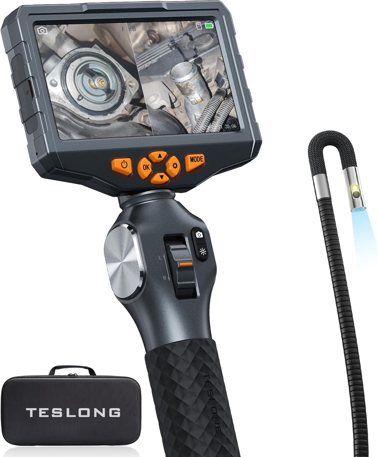 Teslong Articulating Borescope with Dual Lens Camera, 5-inch IPS Endoscope Inspection Camera with Two-Way Articulation Tip, 6+1 LED Lights, Mechanics Fiber Optic Scope-Dia. 0.25 inch & L 5.0 feet