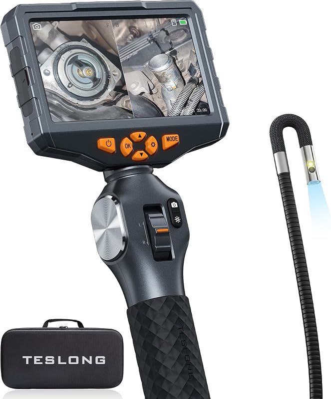 Teslong TD500 6.5mm Articulating Borescope with Dual Lens Endoscope | Mechanic Automotive HVAC Wall Inspection Tool, 5" IPS Screen, 6+1 LED Lights, 1.0MP HD, 32GB, IP67 Waterproof, Carrying Case