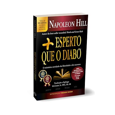 Visualização em perspectiva 3D da capa do livro Mais esperto que o diabo, destacando o título e os elementos gráficos dourados em fundo escuro.