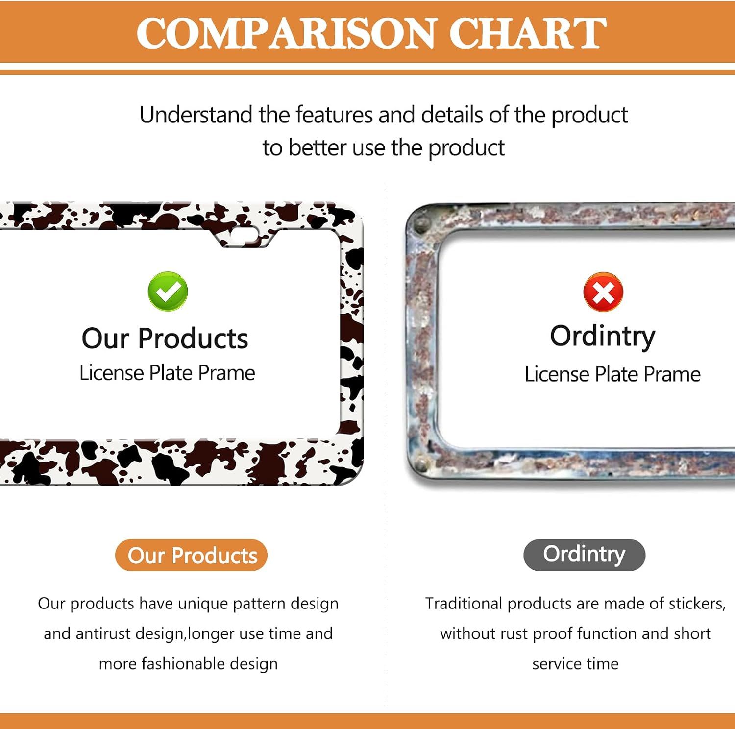 HCSS Brown Cow Print License Plate Frame Cute Animal Spots License Plate Holder Universal Aluminum Metal Auto Parts Rust-Proof Waterproof Car Decorative Tag Frame for Standard US 12x6 Inch image 4