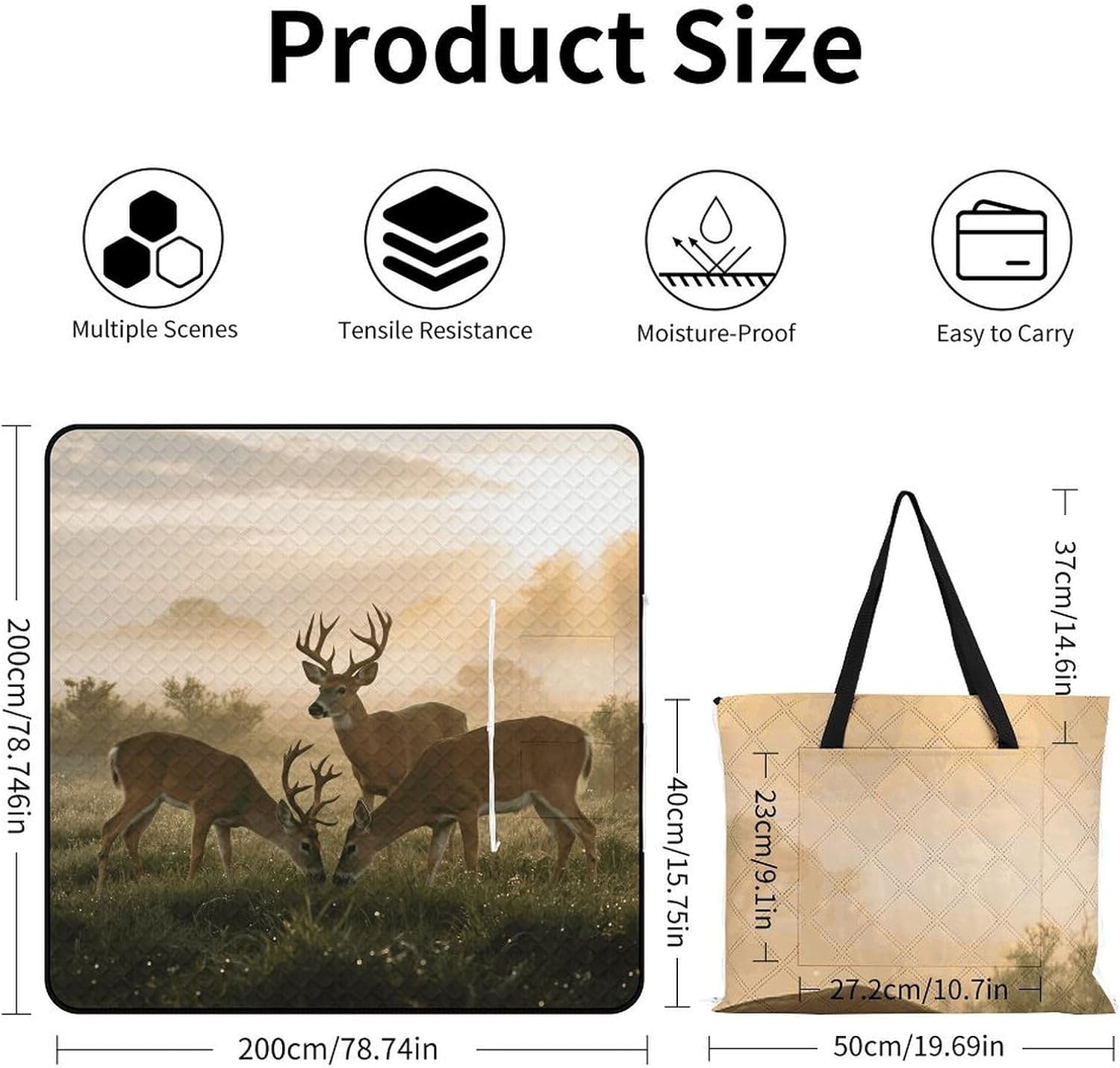 Deer Grass Hunting Picnic Blanket 200x200cm, Foldable 2-in-1 Picnic Mat and Tote Bag Portable Waterproof Beach Mat Sandproof Outdoor Blanket for Park, Hiking, Beach, Camping, Travel