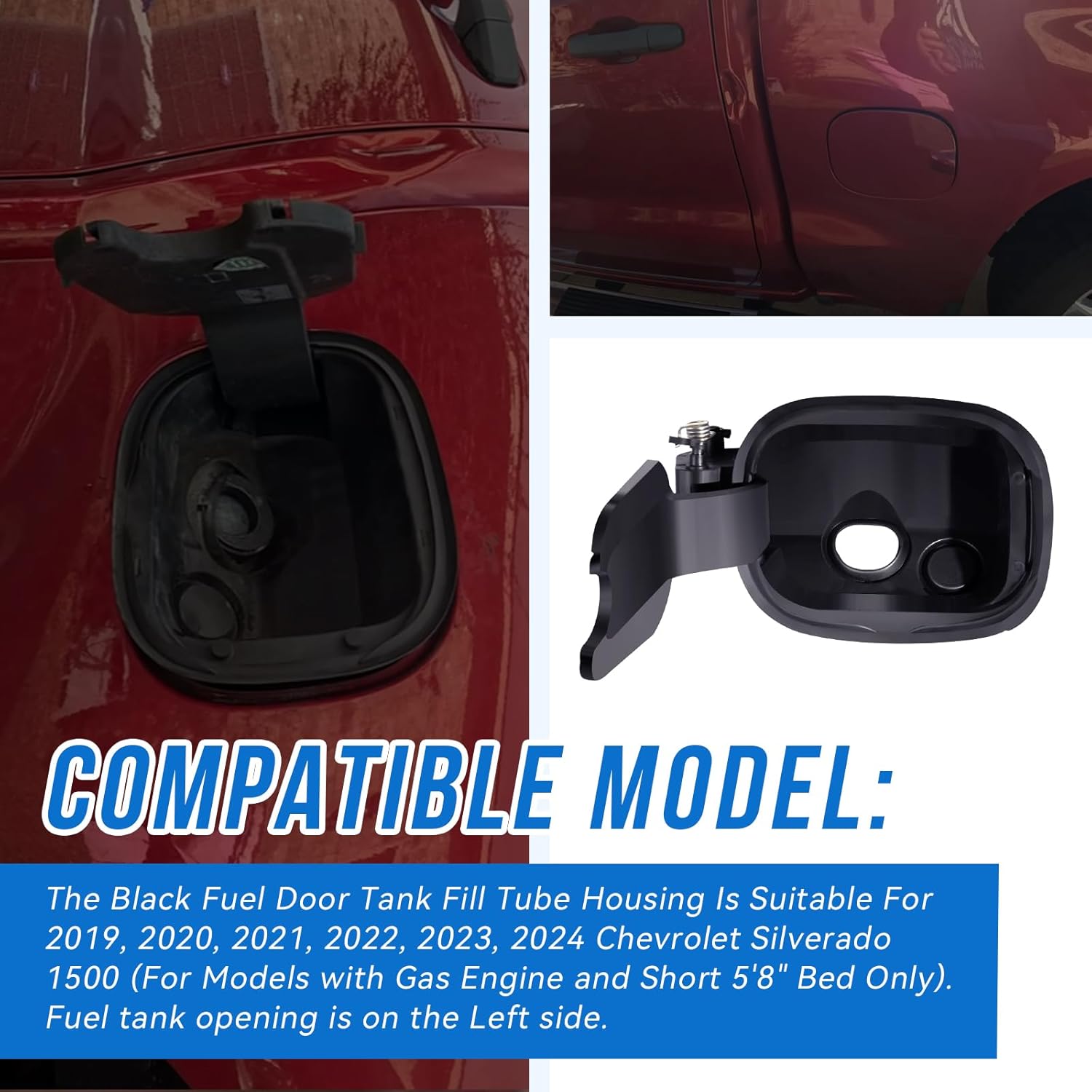 Upgrade Fuel Door Tank Filler Pipe Housing Compatible with 2019-2024 Chevrolet Silverado 1500 with 5' 8" bed ONLY,Gas models ONLY,(Fuel tank opening is on the Left side)(84745940)