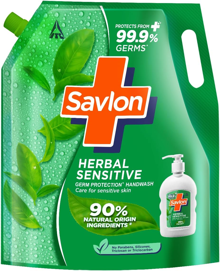 ITC Savlon Herbal Sensitive Germ Protection Liquid Handwash Refill Pack 1.3L | 99.9% Germ Protection | 90% Natural Origin Ingredients | Family Size Refill Hand wash | Value Pack