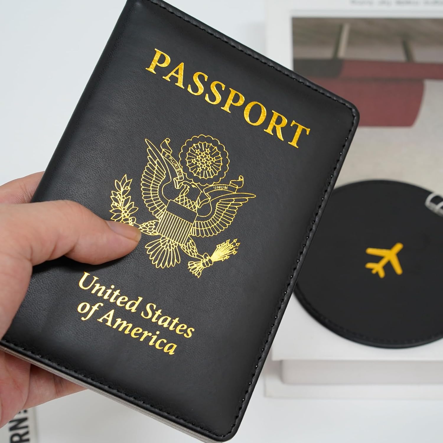 Passport Holder with Luggage Tag – Leather Travel Wallet Cover Case with Card Slots, Boarding Pass & Ticket Organizer, Compact Passport Book for Travel Essentials, for Women & Men