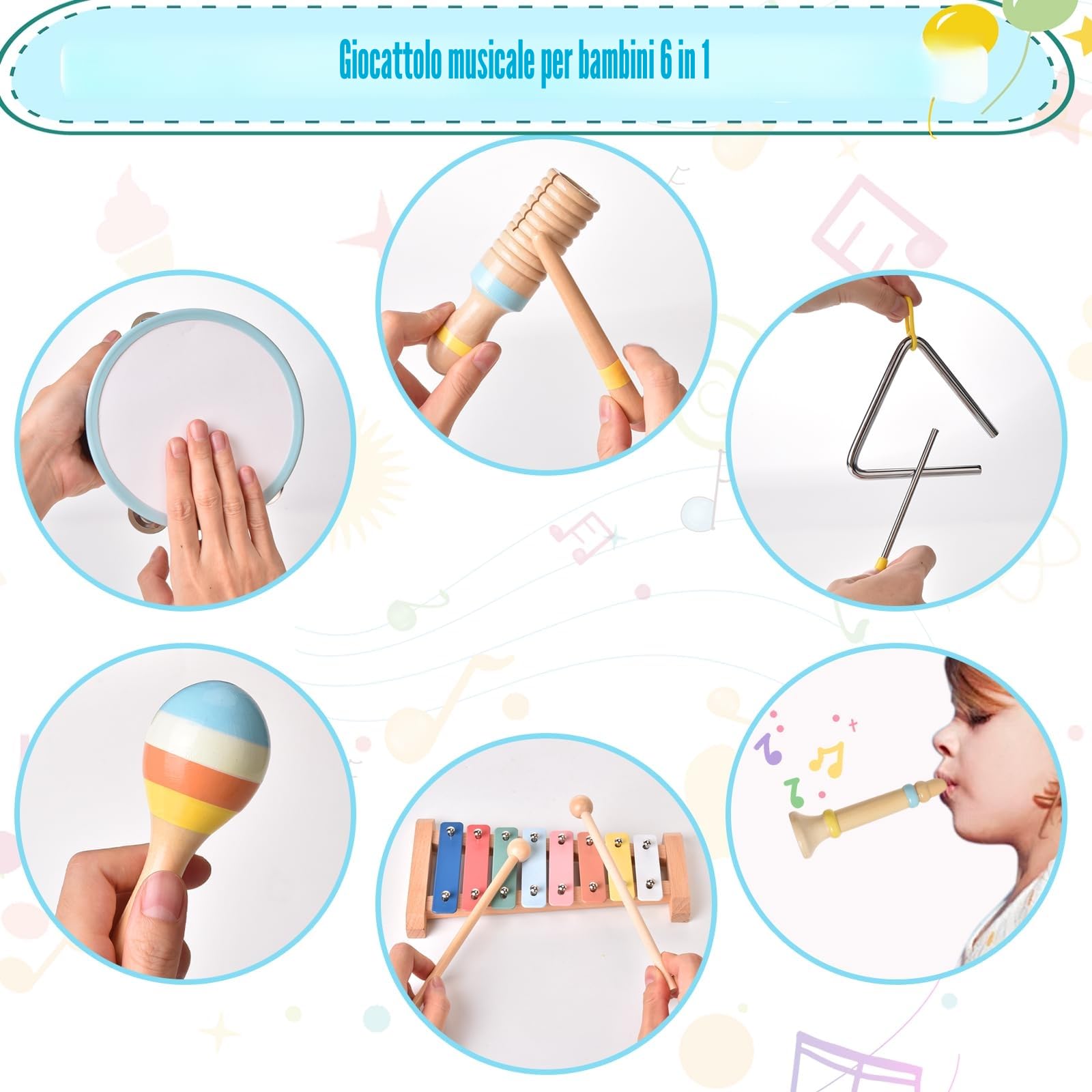 Strumenti Musicali Bambini 1 Anno,6 in 1 Giochi Legno Montessori Sensoriale con Maracas Xilofono Tamburello Gioco Bambi Bimba,Educativi Interattivo Regalo Compleanno Natale per Bambini di 2 3 4 5 Anni