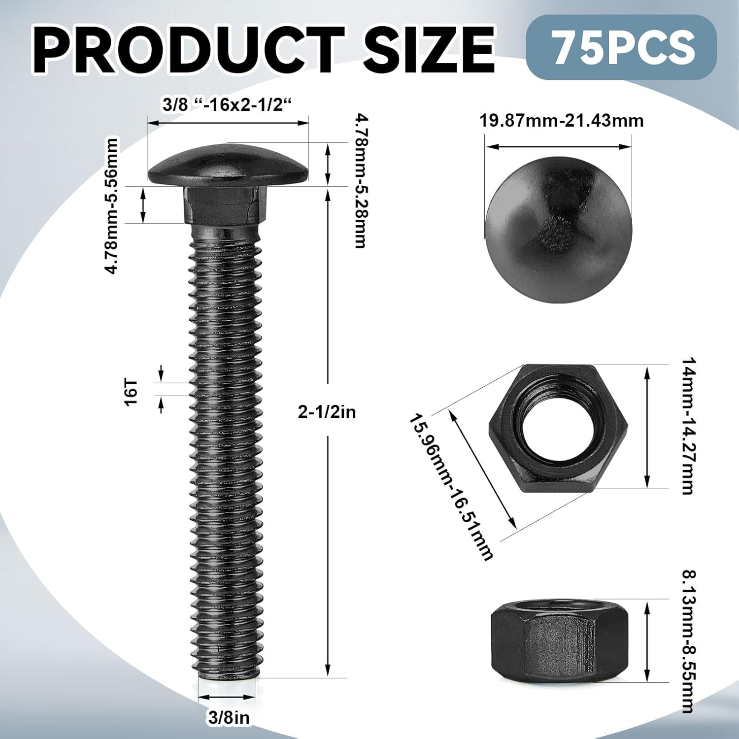 75 Pack 3/8 x 2 1/2" Long Carriage Bolts with Nuts, Galvanized Steel (Black)