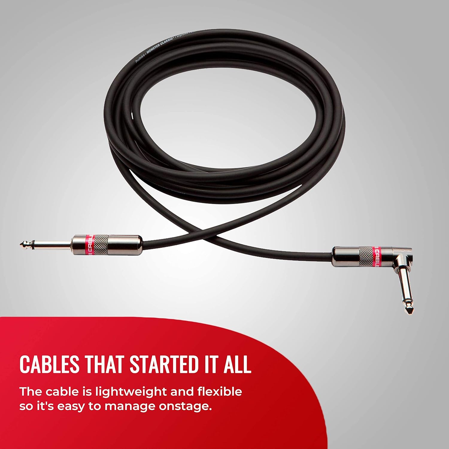 Monster Prolink Classic Instrument Guitar Cable - 12 ft Straight to Right Angle Instrument Cable. All Metal & Duraflex Outer Jacket. 90% Copper Braided Shield Monster Instrument Cable
